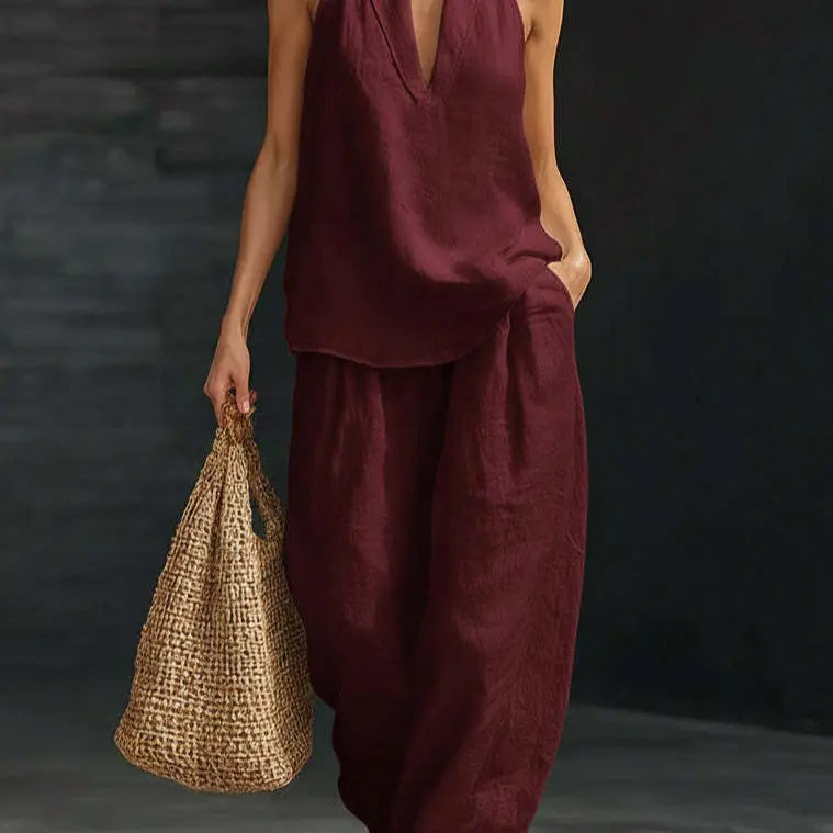 🧚‍♀️ Boho Linen Two Piece Set 🌞 Neckholder Trägertop & Weite Hosen Outfit