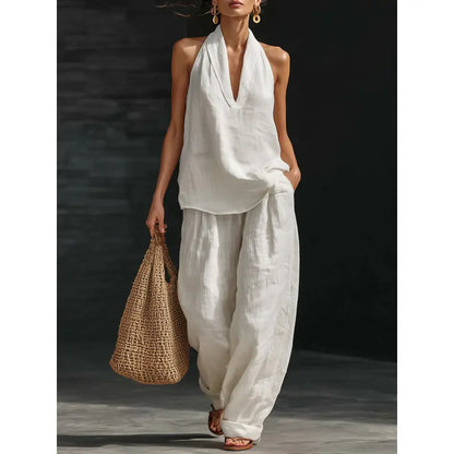 🧚‍♀️ Boho Linen Two Piece Set 🌞 Neckholder Trägertop & Weite Hosen Outfit