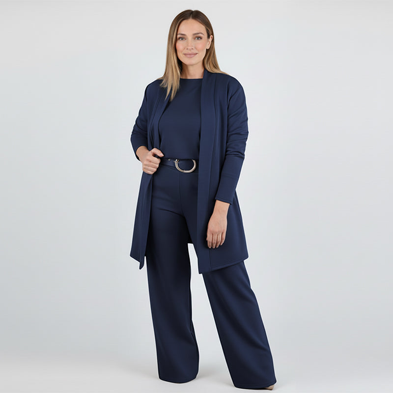 Elegantes 3-teiliges Set aus Longline-Cardigan, Top und Hose