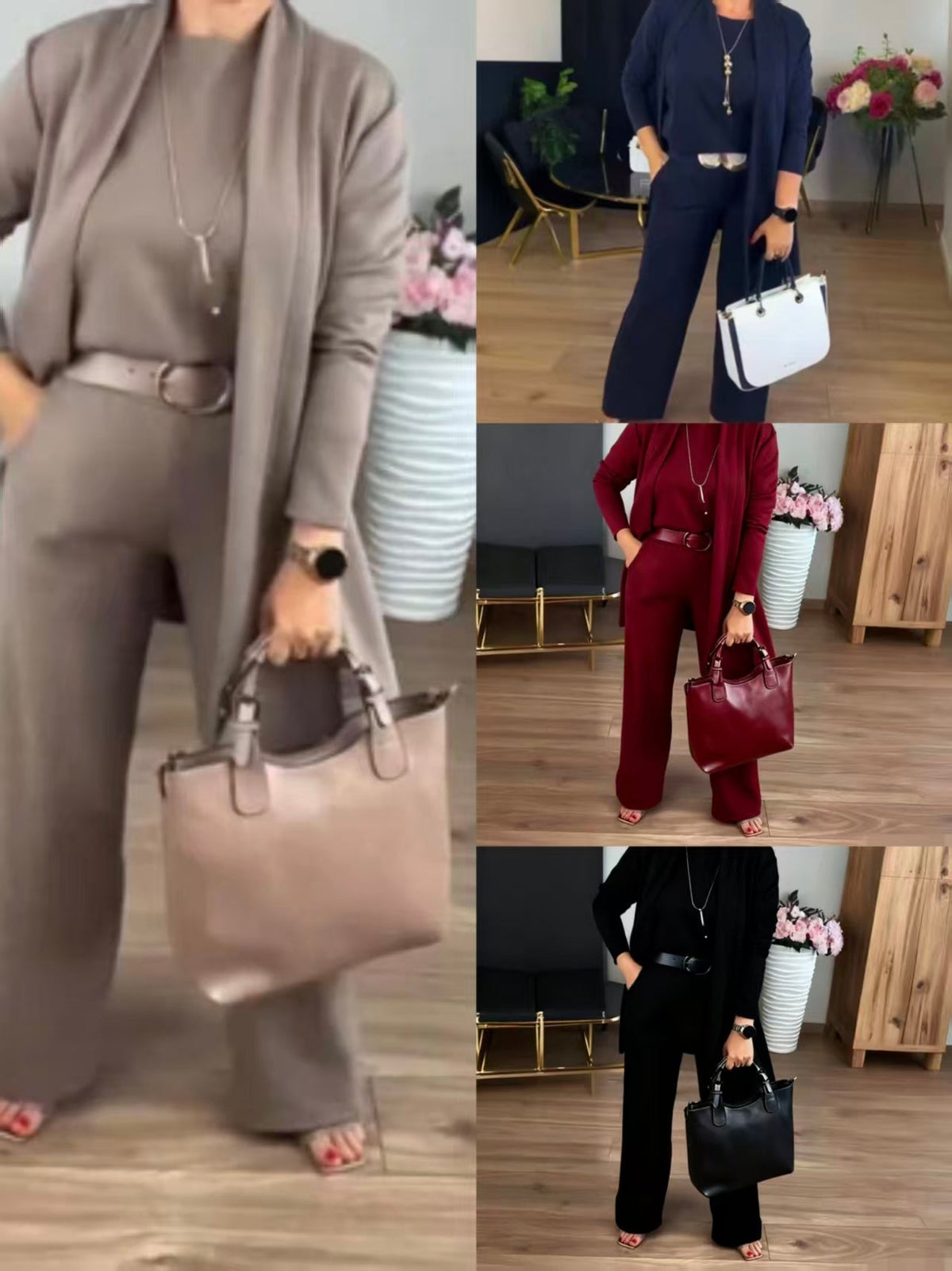 Elegantes 3-teiliges Set aus Longline-Cardigan, Top und Hose