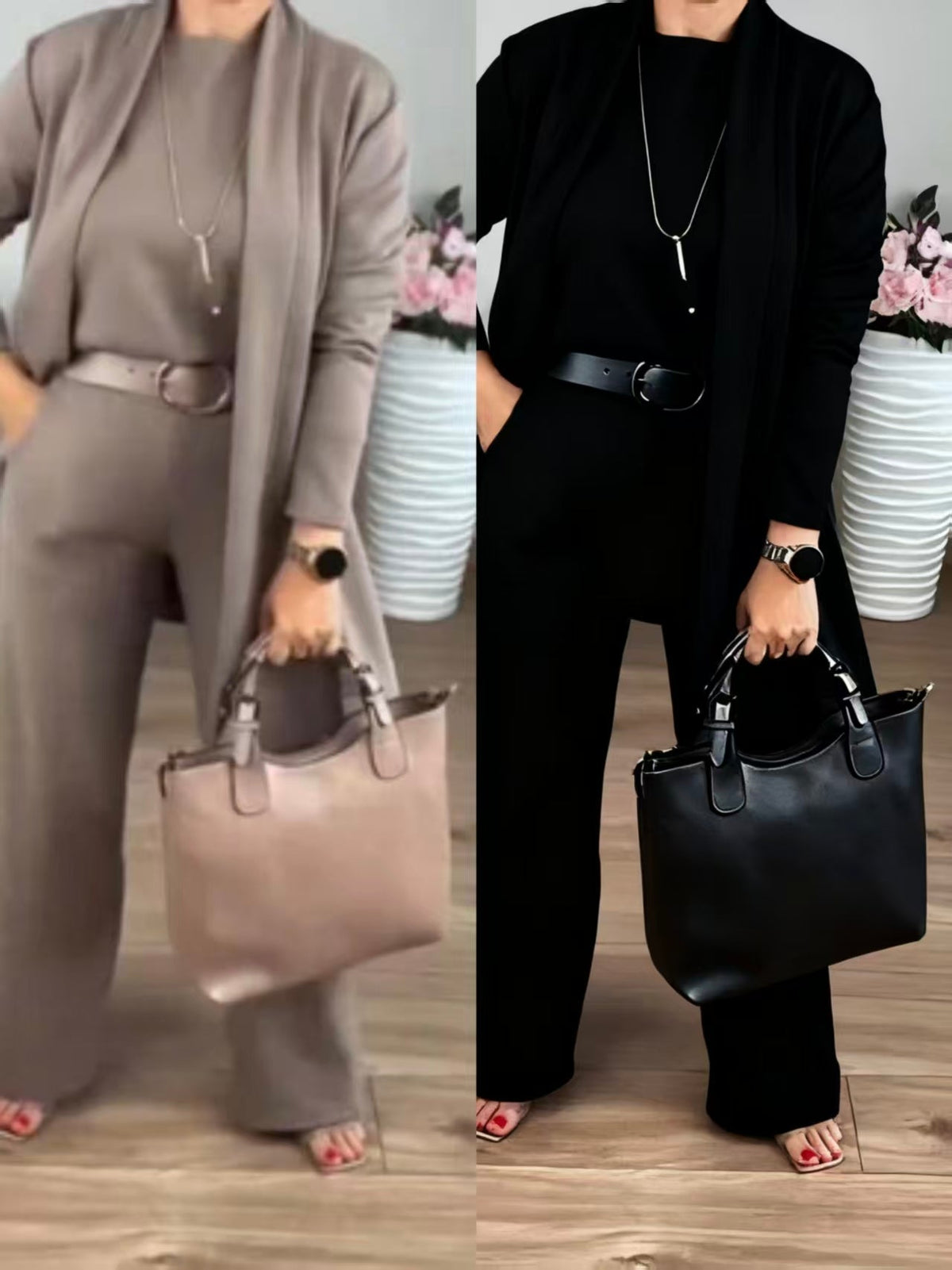 Elegantes 3-teiliges Set aus Longline-Cardigan, Top und Hose