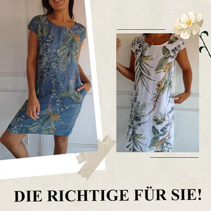🌷❤️‍🔥Bedrucktes Kleid mit Rundhalsausschnitt aus Baumwolle und Leinen für Frauen