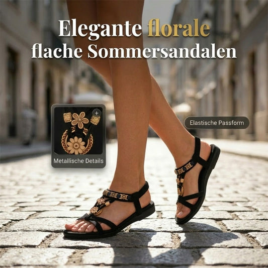 🌼 Flache Damen-Sandalen – Runde Zehen, Atmungsaktiv, Verstellbarer Knöchelriemen & Blumen-Dekor ✨