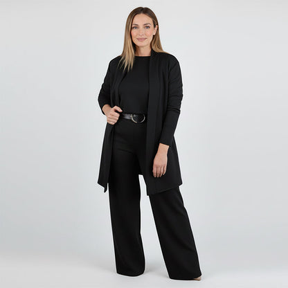 Elegantes 3-teiliges Set aus Longline-Cardigan, Top und Hose