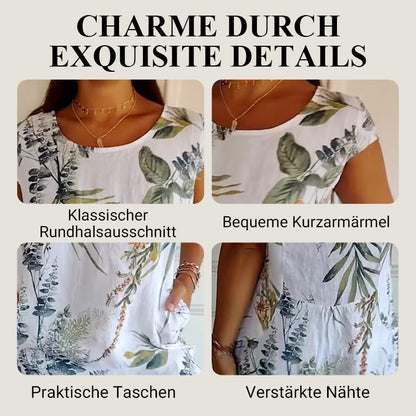 🌷❤️‍🔥Bedrucktes Kleid mit Rundhalsausschnitt aus Baumwolle und Leinen für Frauen