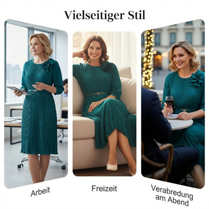 Elegantes plissiertes Midikleid mit 3/4-Ärmeln und Gürtel für Damen🔥Kauf 2 Artikel versandkostenfrei🔥