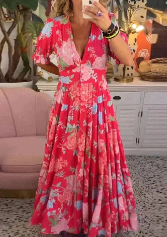 💃 Lässiges Maxikleid mit V-Ausschnitt & Blumenmuster – Beinverlängernd, für Urlaub, Alltag & Party