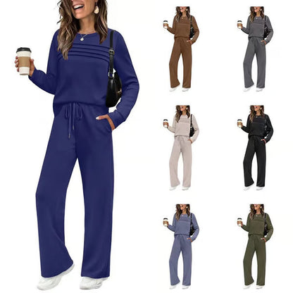 🔥LETZTER TAG 60 % RABATT✨Set aus Damen-Oberteil mit Rundhalsausschnitt und Hose mit Kordelzug