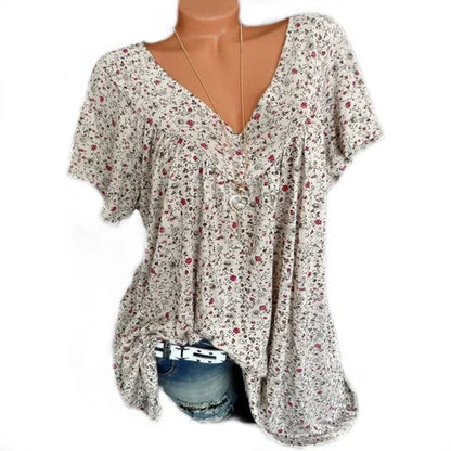 🌸Damen Kurzarmbluse mit Frühlingsblumenprint: V-Ausschnitt & lockere Passform – Atmungsaktiv, knitterfrei & figurschmeichelnd für Frühling & Sommer