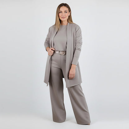 Elegantes 3-teiliges Set aus Longline-Cardigan, Top und Hose