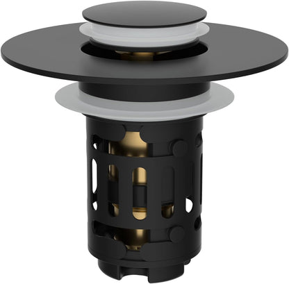 Hibbent Upgraded 3-in-1 Bathroom Sink Drain Strainer, Universal Pop-Up Plug, Removable Stainless Steel Basket-Style Hair Catcher, 1.1–2.36-inch Sink Plug, Brass Cartridge, Matt Black