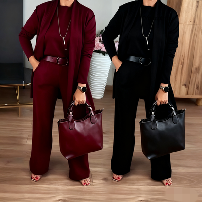Elegantes 3-teiliges Set aus Longline-Cardigan, Top und Hose