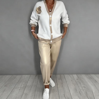 🔥Zeitlich begrenztes Angebot – 2-teiliges Set aus lässigem Damen-Oberteil mit V-Ausschnitt und Hose mit hoher Taille