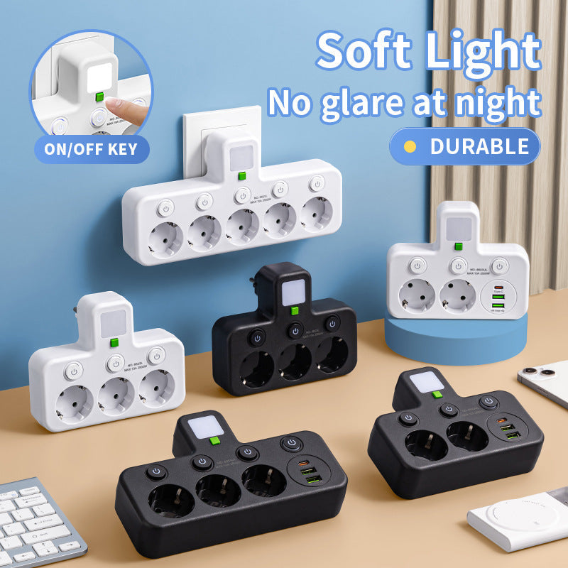 EU-Stecker-Wandler-Steckdose mit 4 Steckdosen, Multi-Port-Wanddose mit unabhängigem Schalter und kleinem Nachtlichtadapter