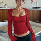 Einfarbiges Damen-T-Shirt mit Spitzenblumenmuster, gesplitteten Rüschen und transparenten Ärmeln