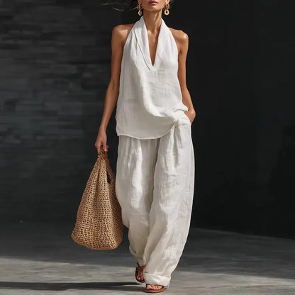 🧚‍♀️ Boho Linen Two Piece Set 🌞 Neckholder Trägertop & Weite Hosen Outfit