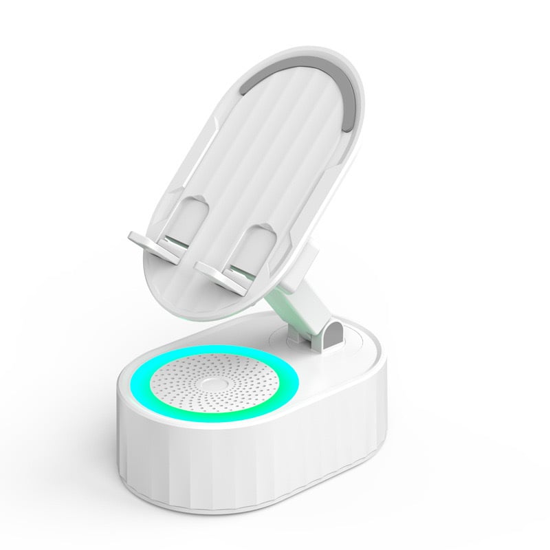 ✨📞 5-in-1 Handyhalterung mit kabellosem Lautsprecher & LED-Licht 🔈💡 360° drehbar, universal für Handy & Tablet – ideal fürs Büro, Schlafzimmer oder die Küche