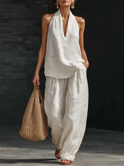 🧚‍♀️ Boho Linen Two Piece Set 🌞 Neckholder Trägertop & Weite Hosen Outfit