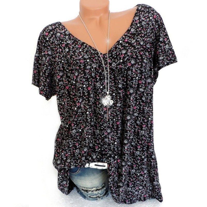 🌸Damen Kurzarmbluse mit Frühlingsblumenprint: V-Ausschnitt & lockere Passform – Atmungsaktiv, knitterfrei & figurschmeichelnd für Frühling & Sommer