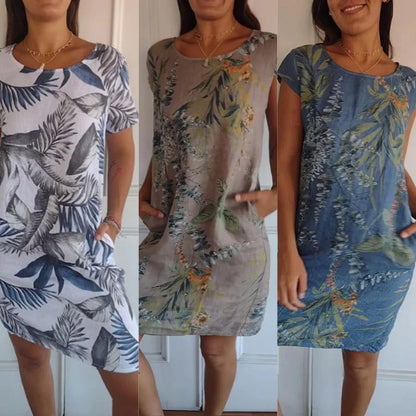 🌷❤️‍🔥Bedrucktes Kleid mit Rundhalsausschnitt aus Baumwolle und Leinen für Frauen