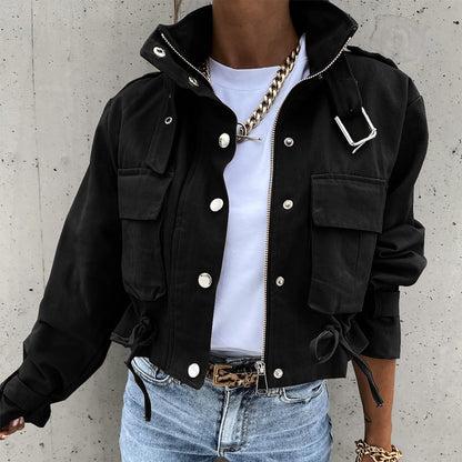 Stehkragen-Jacke mit Druckknöpfen, Kordelzug und Taschen