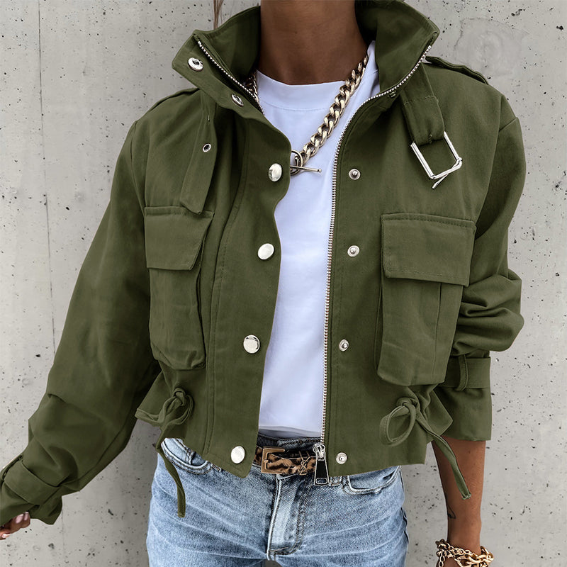 Stehkragen-Jacke mit Druckknöpfen, Kordelzug und Taschen