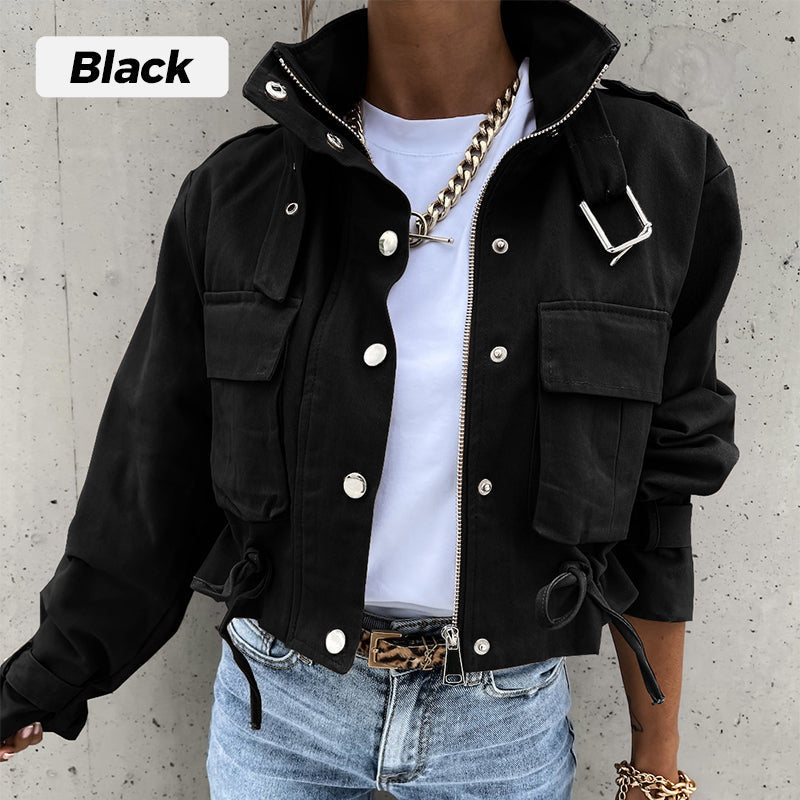 Stehkragen-Jacke mit Druckknöpfen, Kordelzug und Taschen