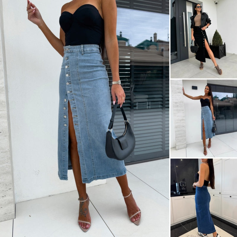 💕Nur für kurze Zeit 50 % Rabatt💕 Stilvoller, figurbetonter Jeansrock mit Knopfverschluss und Schlitz