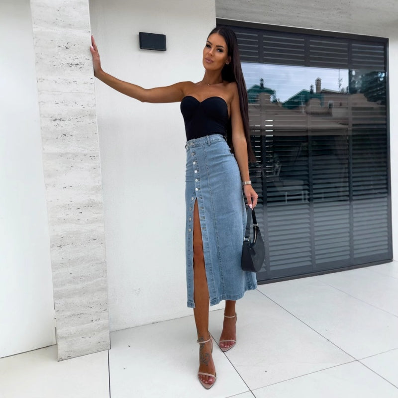 💕Nur für kurze Zeit 50 % Rabatt💕 Stilvoller, figurbetonter Jeansrock mit Knopfverschluss und Schlitz