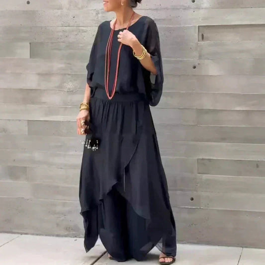 ⏳Begrenzte Zeit 50% Rabatt💥2-teiliges Set aus Chiffon mit lockerem Oberteil und weiten Schlitzhosen
