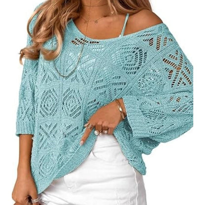 Damen Sommer Häkeln Durchbrochenes 3/4 Ärmel Pullover Strick Top