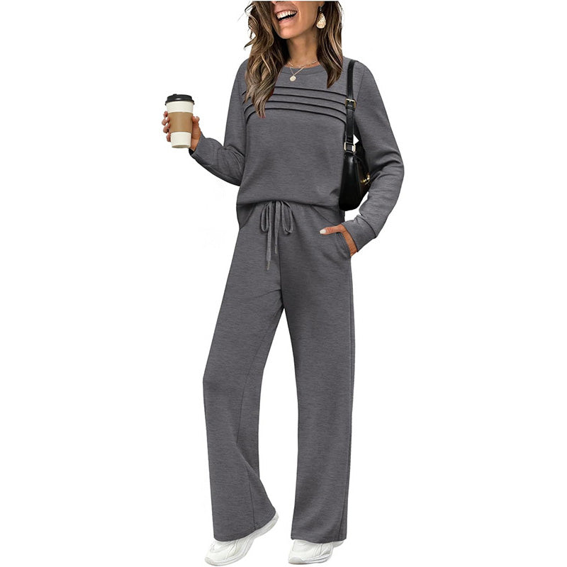 🔥LETZTER TAG 60 % RABATT✨Set aus Damen-Oberteil mit Rundhalsausschnitt und Hose mit Kordelzug