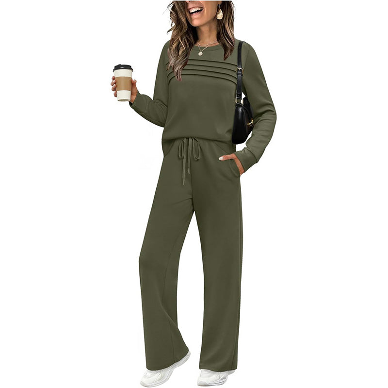 🔥LETZTER TAG 60 % RABATT✨Set aus Damen-Oberteil mit Rundhalsausschnitt und Hose mit Kordelzug