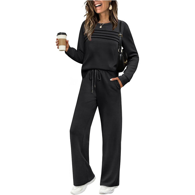 🔥LETZTER TAG 60 % RABATT✨Set aus Damen-Oberteil mit Rundhalsausschnitt und Hose mit Kordelzug
