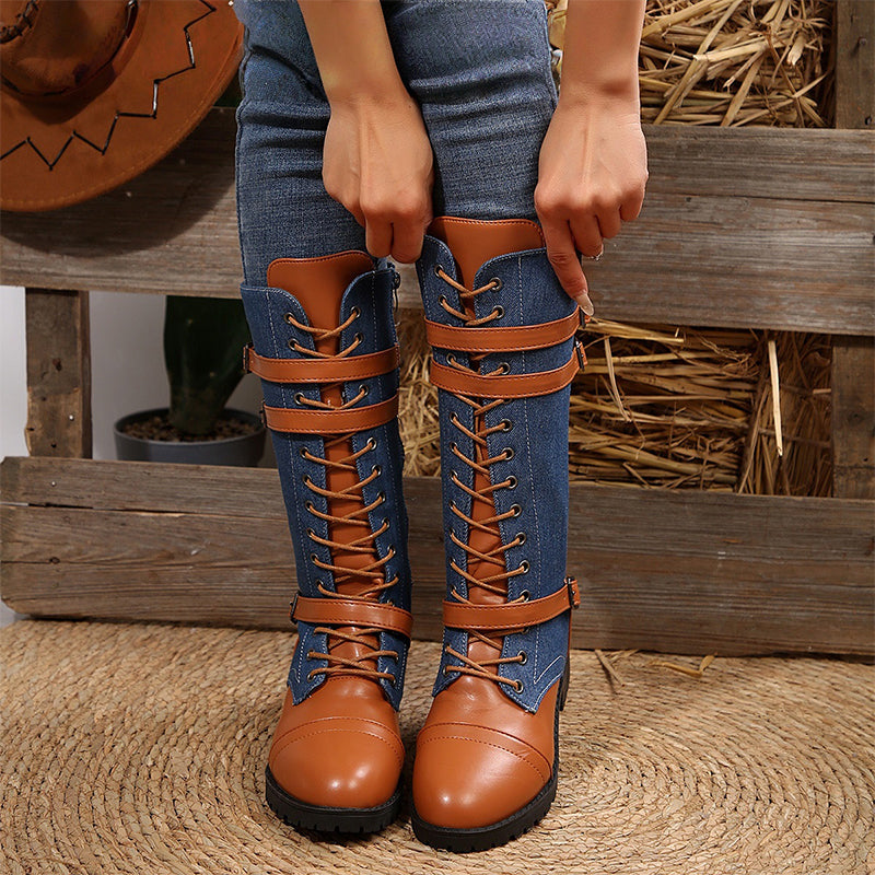 Vintage-Kampfstiefel für Damen mit Schnürsenkeln und Schnalle