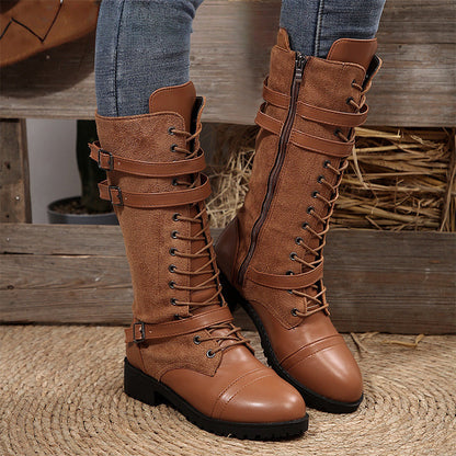Vintage-Kampfstiefel für Damen mit Schnürsenkeln und Schnalle