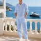 👕🌞 Herren 2-teiliger Freizeit-Set – Leinen Polo-Shirt mit langen Ärmeln & Lange Hose, Ideal für Frühling & Sommer
