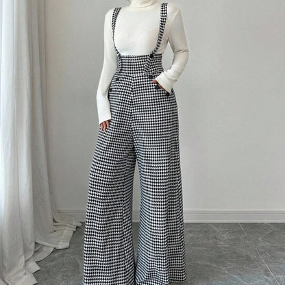 ✨🔥Klassische Damen-Hose mit hohem Bund, Hosenträgern und Hahnentrittmuster💞