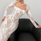 Maxikleid mit langen Ärmeln und Spitzenbesatz, figurbetont