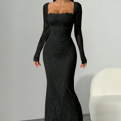 Maxikleid mit langen Ärmeln und Spitzenbesatz, figurbetont