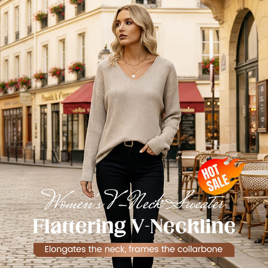 Damenv-Ausschnitt Pullover mit eleganter Rücken-Schleife