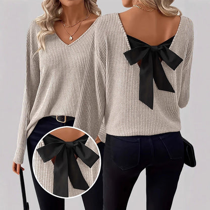Damenv-Ausschnitt Pullover mit eleganter Rücken-Schleife
