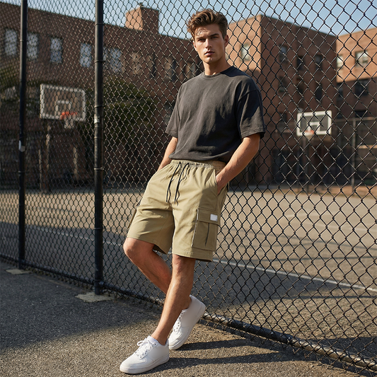 Herren Cargo Shorts mit elastischem Bund, lässige Arbeitshose mit vielen Taschen