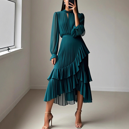 ✨Damen Plissee-Midikleid mit Volants und Schlüsselloch-Ausschnitt🌸💞