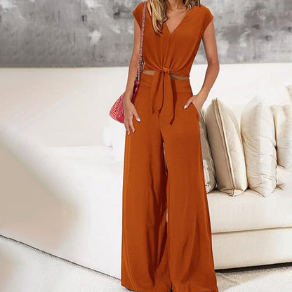 👚 Damen Set – V-Ausschnitt, Flügelärmel, Bindegürtel & Weitbein – Sommerliche Damenmode, S–2XL✨