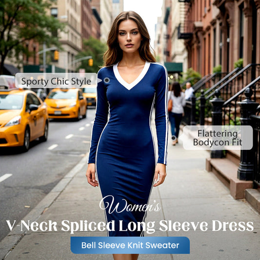 Damen Casual V-Ausschnitt Kleid mit angesetzten Langärmeln, figurbetontes Bodycon-Kleid – sportliche Streifendetails & schmeichelhafte Passform für jede Jahreszeit! 🌟