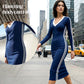 Damen Casual V-Ausschnitt Kleid mit angesetzten Langärmeln, figurbetontes Bodycon-Kleid – sportliche Streifendetails & schmeichelhafte Passform für jede Jahreszeit! 🌟