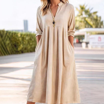 Damen Freizeit V-Ausschnitt Midi Kleid mit Taschen