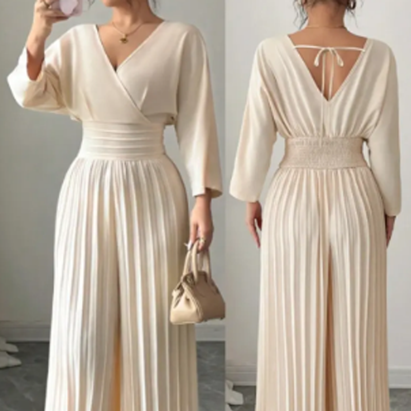 Heiße Sonderangebote – Eleganter Jumpsuit mit V-Ausschnitt, Plissee und weitem Bein
