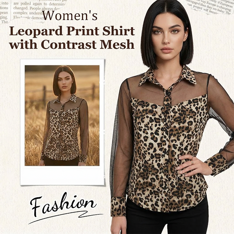Damenbluse mit Leopardenmuster und kontrastierendem Mesh-Einsatz